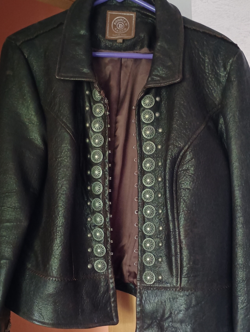 Double D Ranch chocolate brown Leather Jacket with Concho Stud Trim